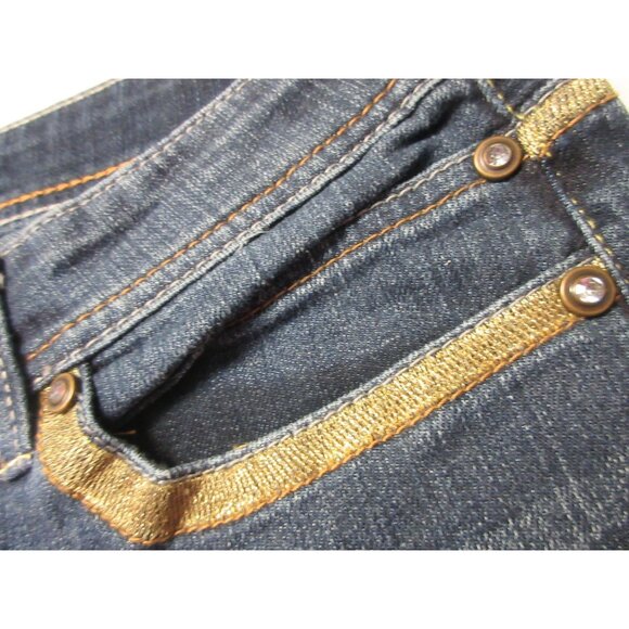Vintage Y2K Cache Boot Cut Mid Rise Jeans 10 Gold Trim Rhinestone STRETCH - Picture 5 of 14